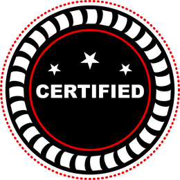 A black circular badge with a white, red-dotted border, three white stars, and the word 