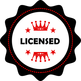 A black and white circular seal with red crowns and stars, reading 