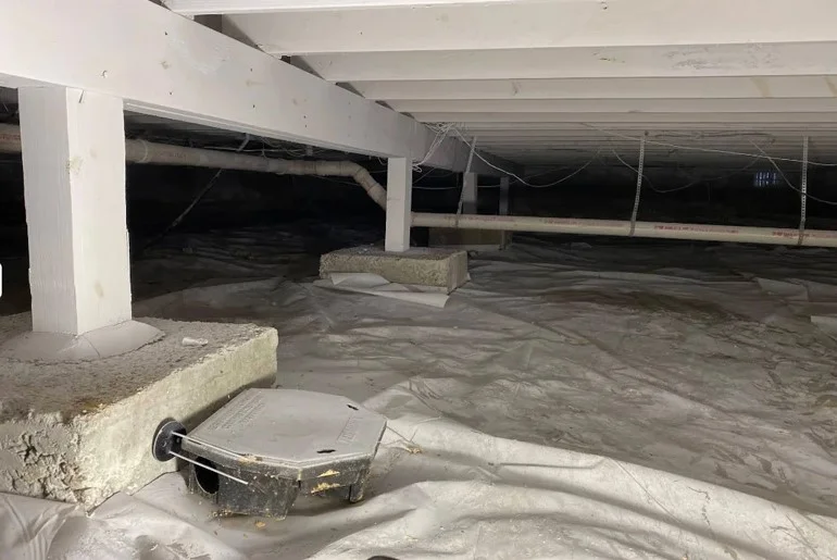 A crawl space with white support posts on concrete blocks, white vapor barrier flooring, and a metal pest control trap.