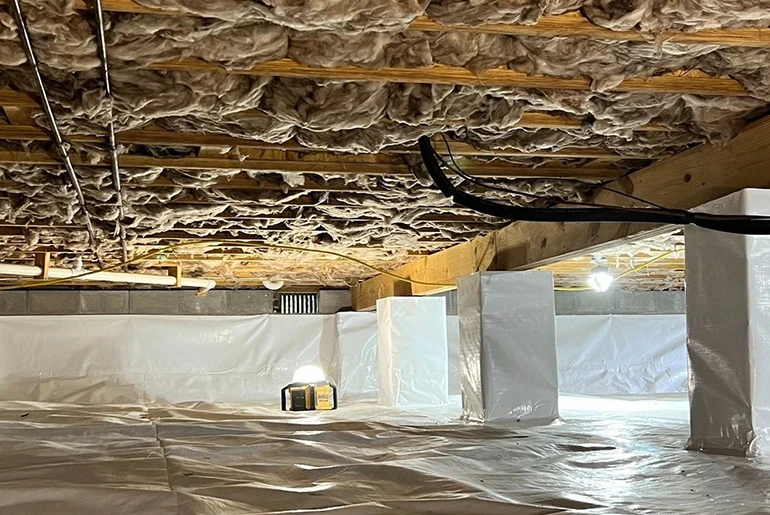A crawl space with insulated floor joists above a bright white vapor barrier covering the floor and foundation walls.
