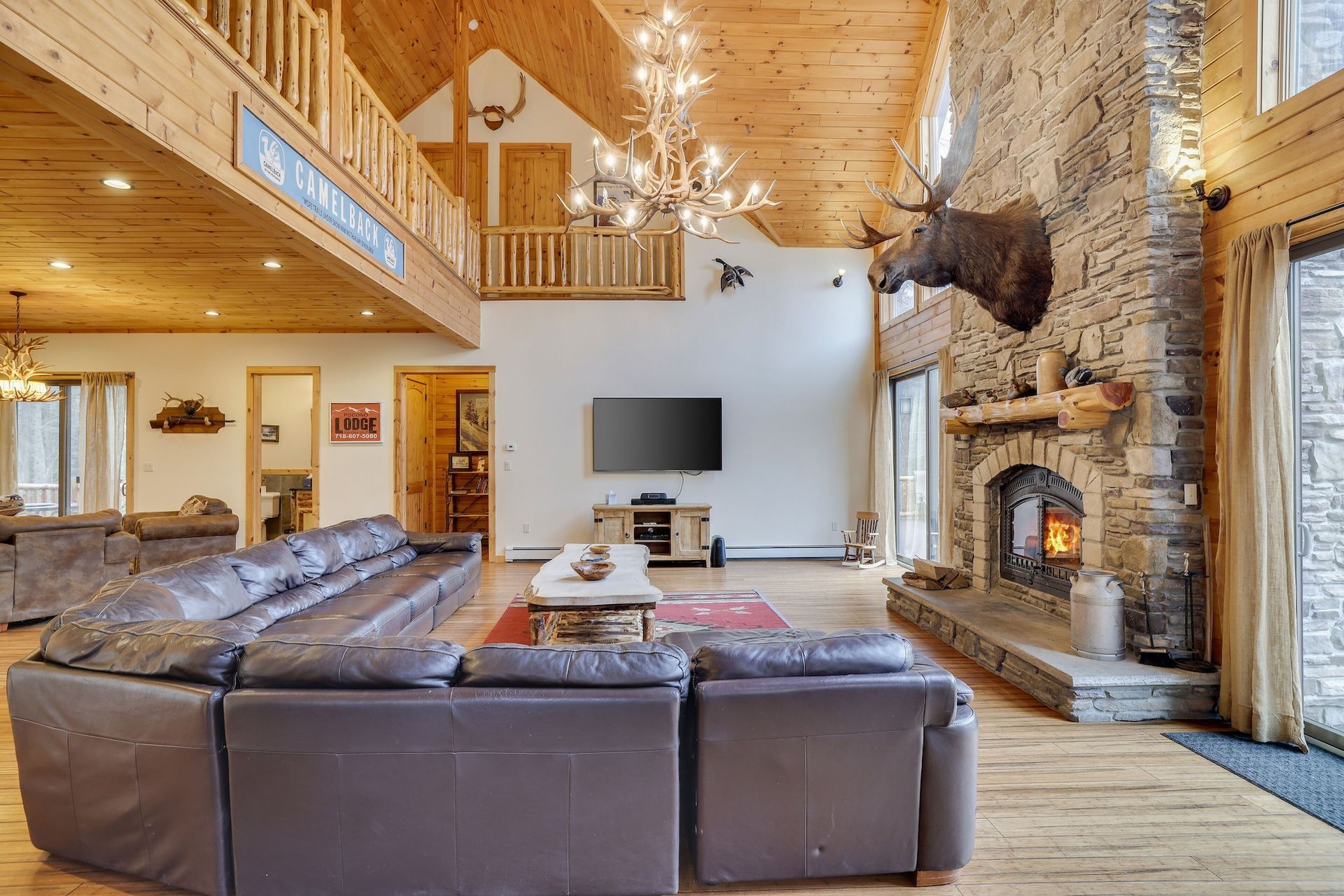 A living room with a couch , fireplace , television and moose head on the wall.