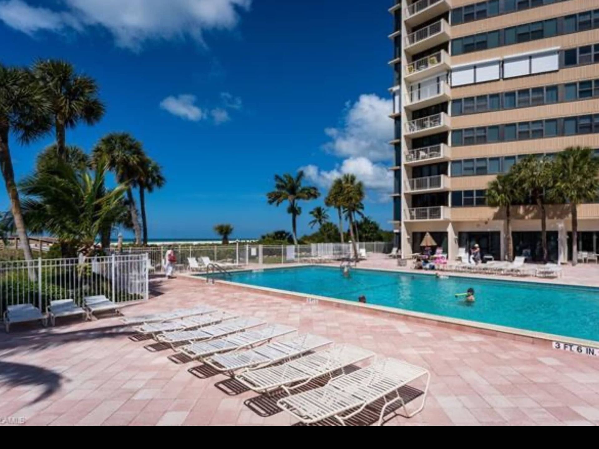 A large swimming pool surrounded by chairs and palm trees