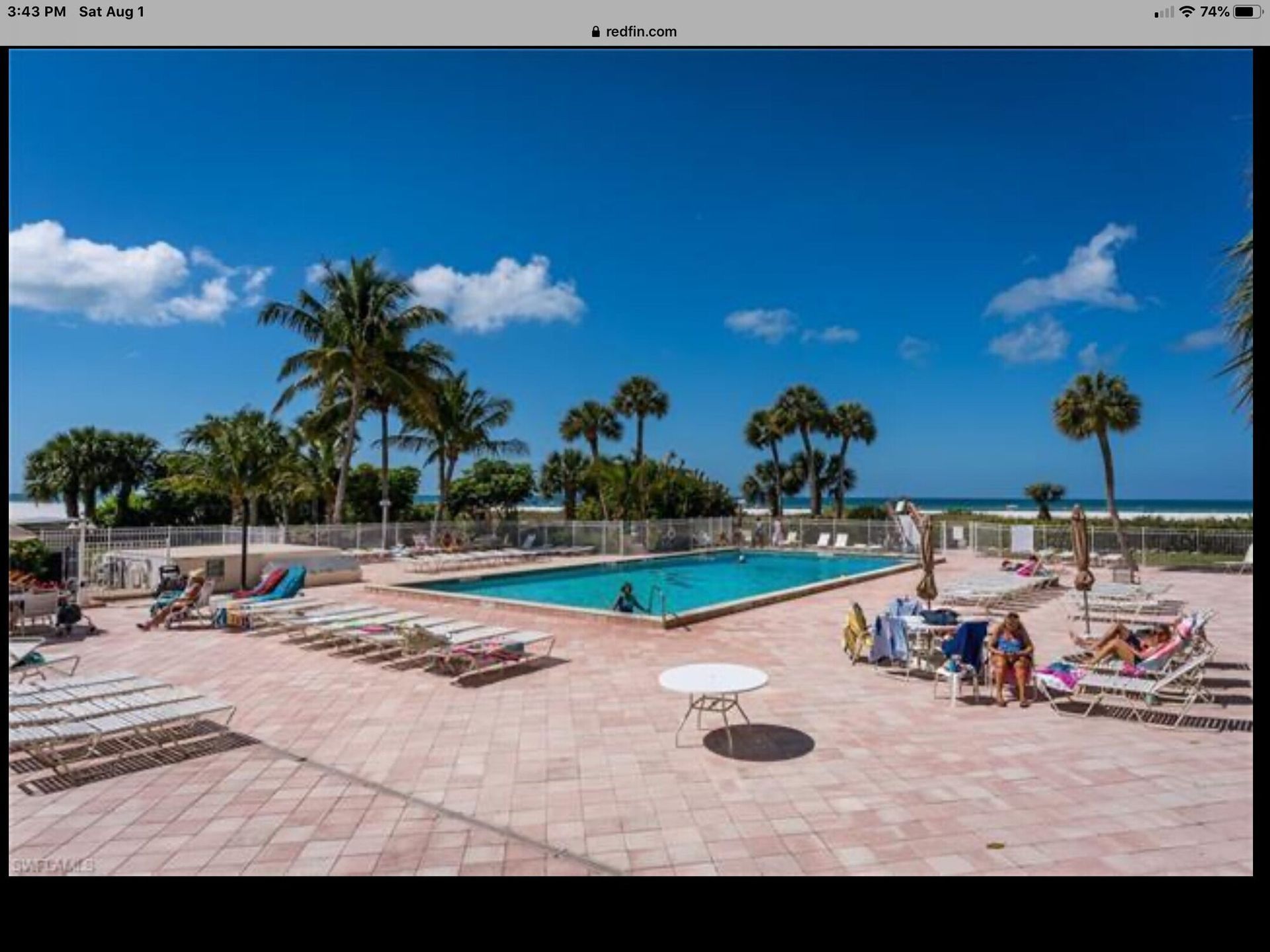 A large swimming pool surrounded by chairs and palm trees