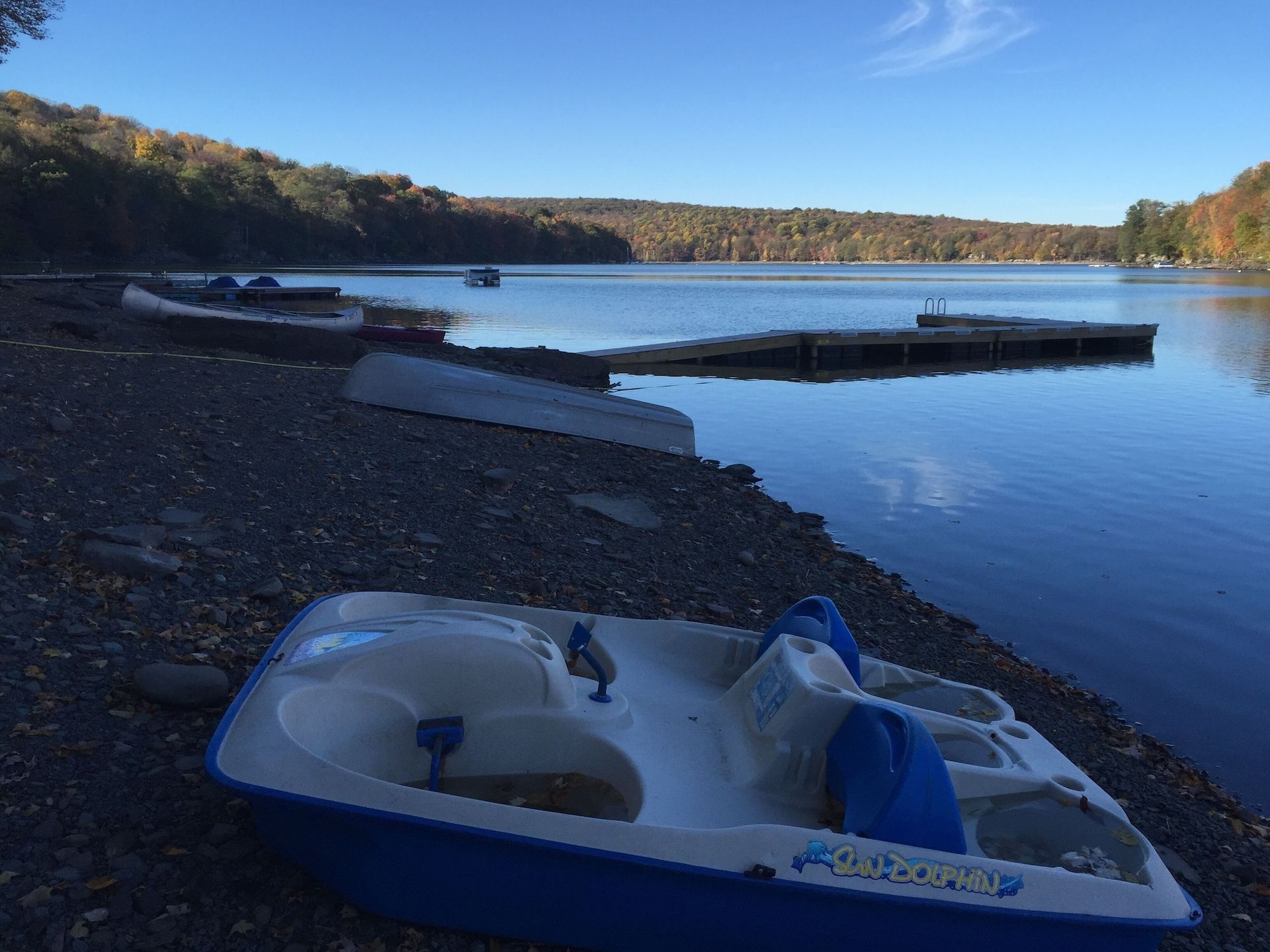 A pedal boat is sitting on the shore of a lake.