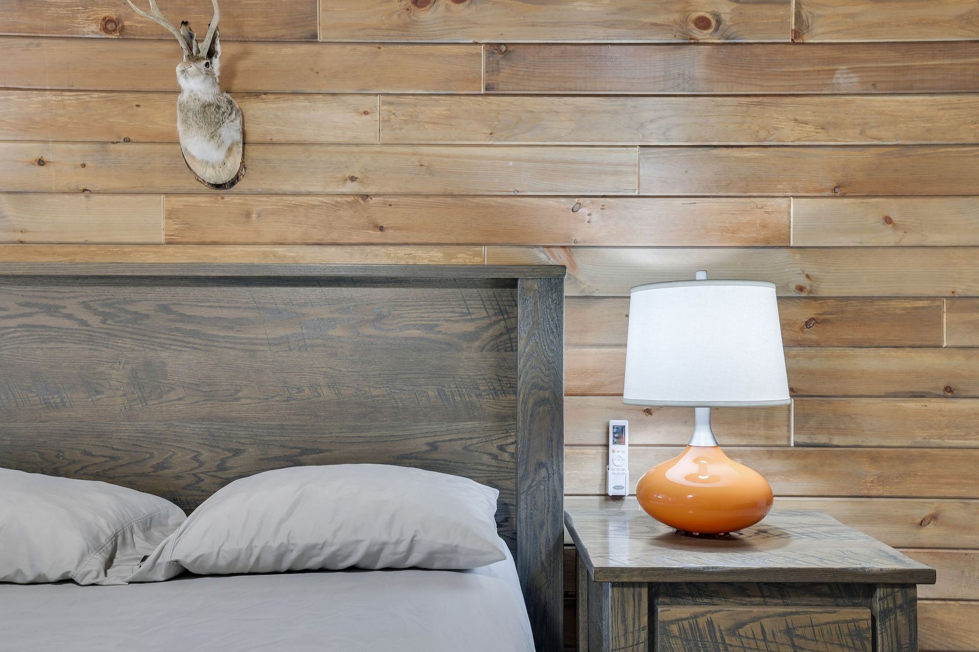 A bedroom with a bed , nightstand , lamp and deer head on the wall.