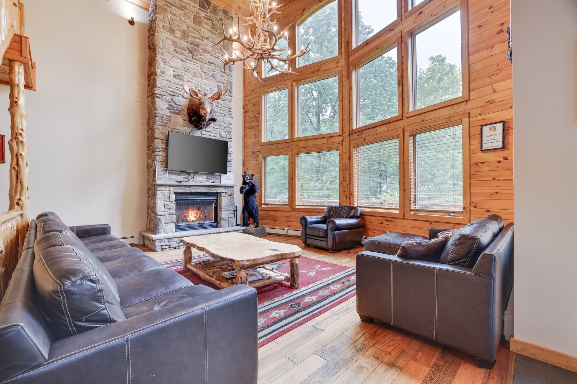 A large wooden house with a moose head on the wall.