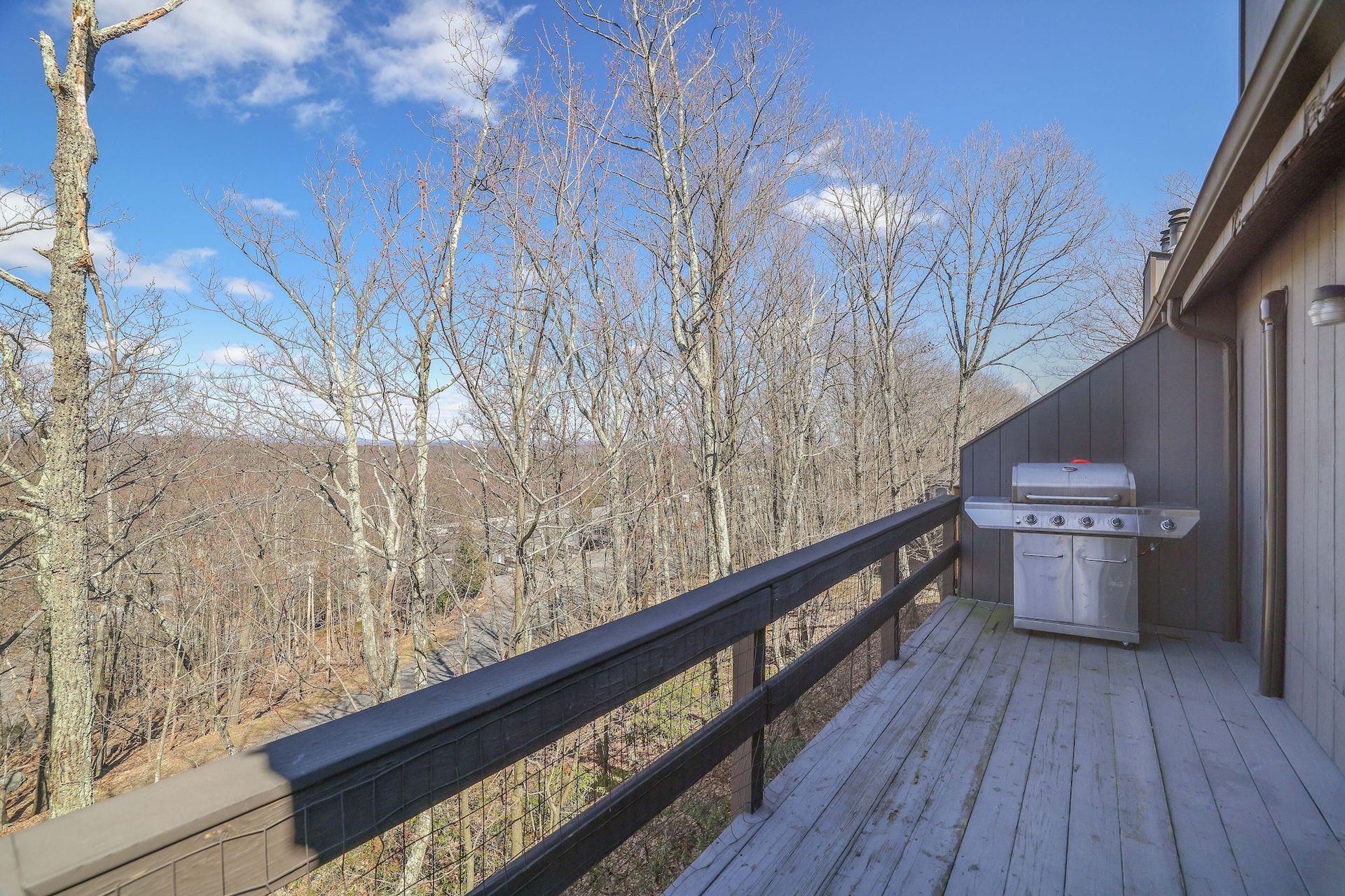 A deck with a grill and trees in the background
