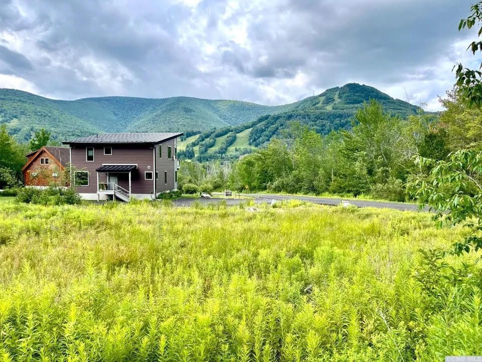 A house is sitting in the middle of a field with mountains in the background.