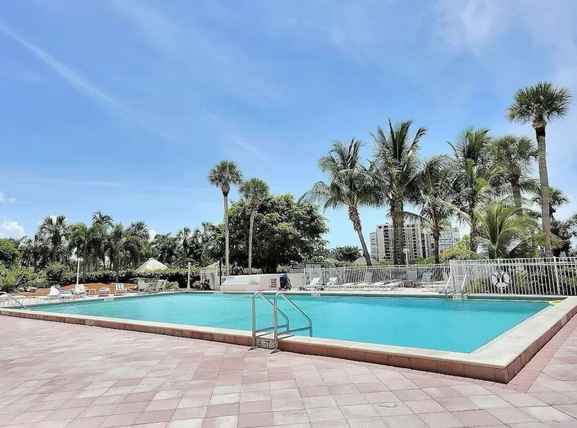 A large swimming pool surrounded by palm trees on a sunny day