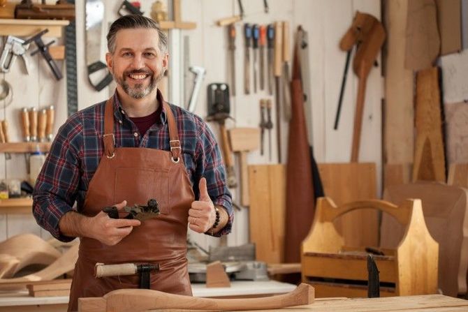 Smiling woodworker in a leather apron holding a tool in a workshop, with tools and wooden projects behind him