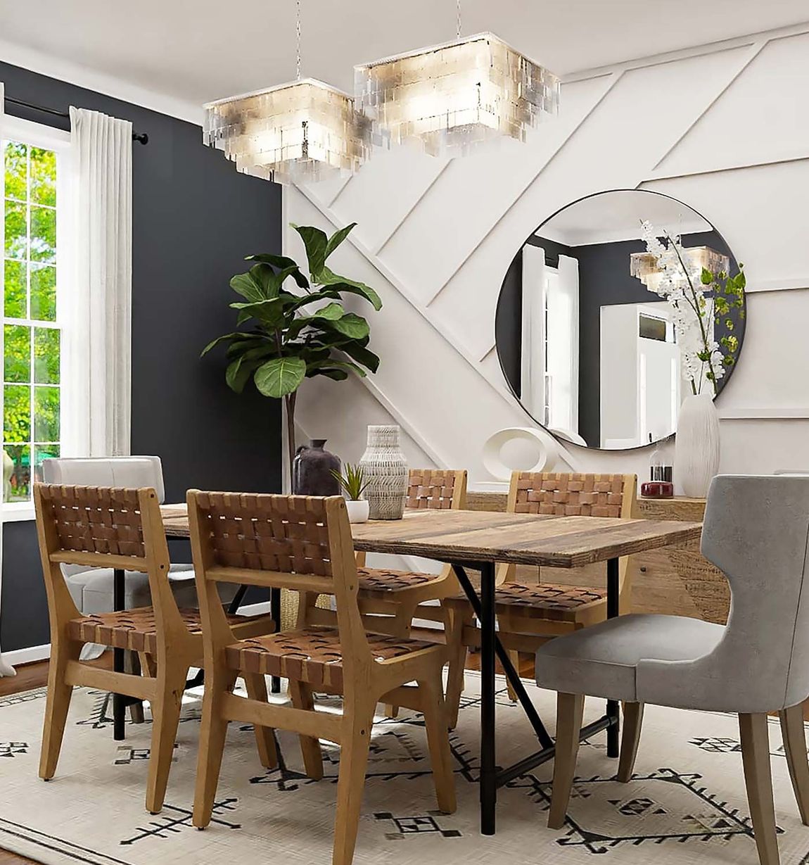 A dining room with a table and chairs and a mirror on the wall.