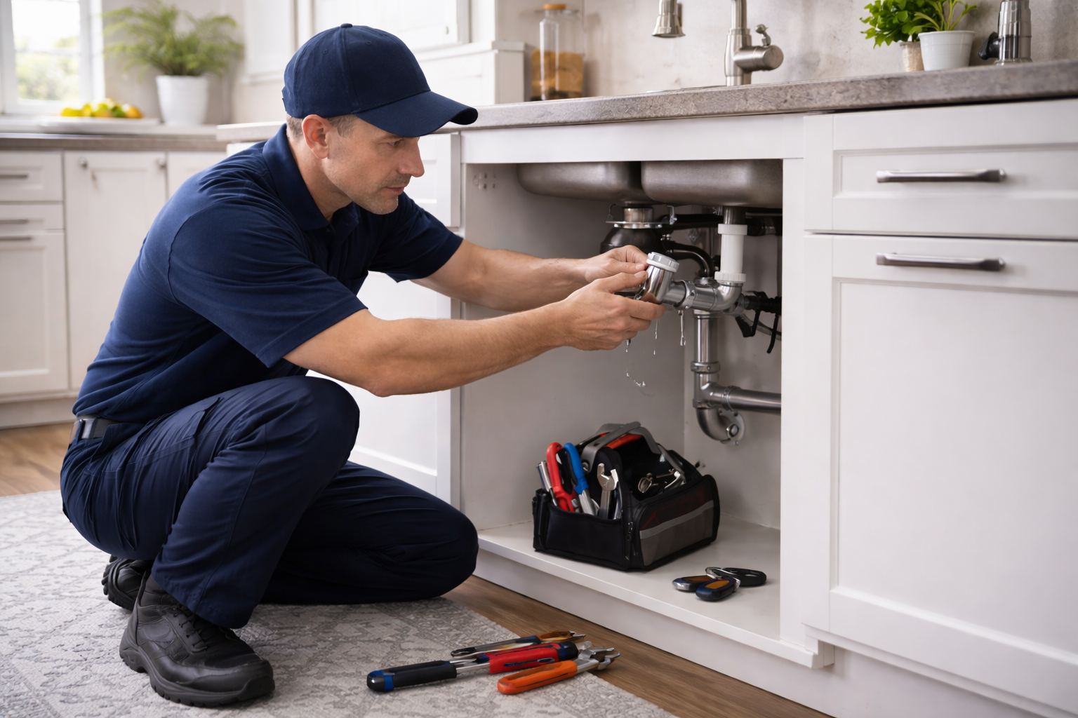 Plumber in blue uniform working under a kitchen sink, tools nearby.