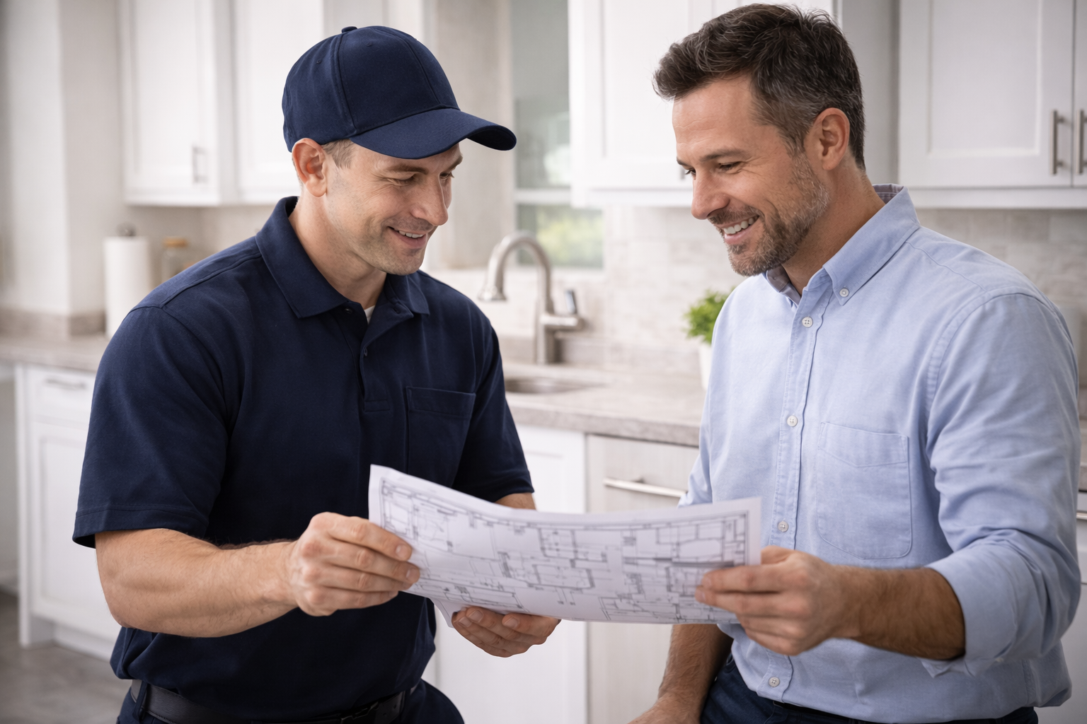 A worker and a homeowner reviewing blueprints together in a kitchen.