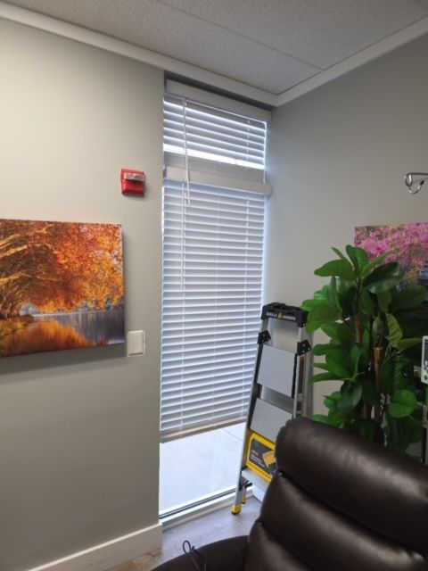Interior view: window with blinds, artwork, fire alarm, and a step ladder.