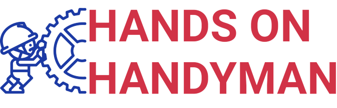 A blue cartoon handyman pushing a gear, with "HANDS ON HANDYMAN" in red text.