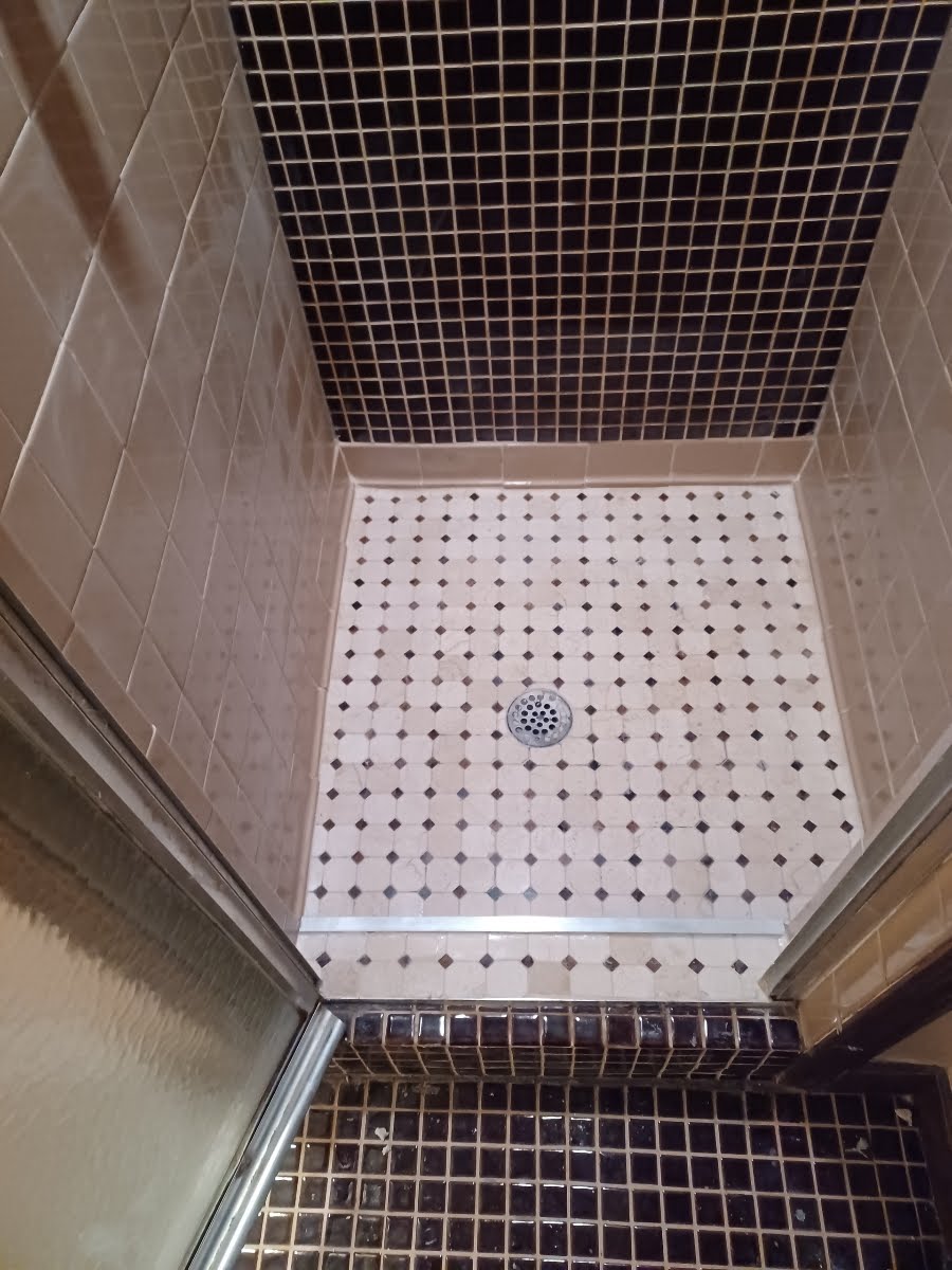 Tiled shower stall with black ceiling and lower wall tiles, beige walls and white floor tiles with black accents.