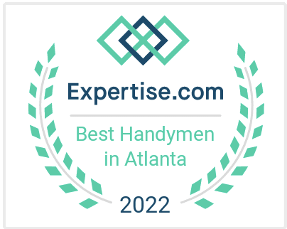 Expertise.com award: Best Handymen in Atlanta, 2022. Teal wreath surrounds text and interlocking geometric shapes.
