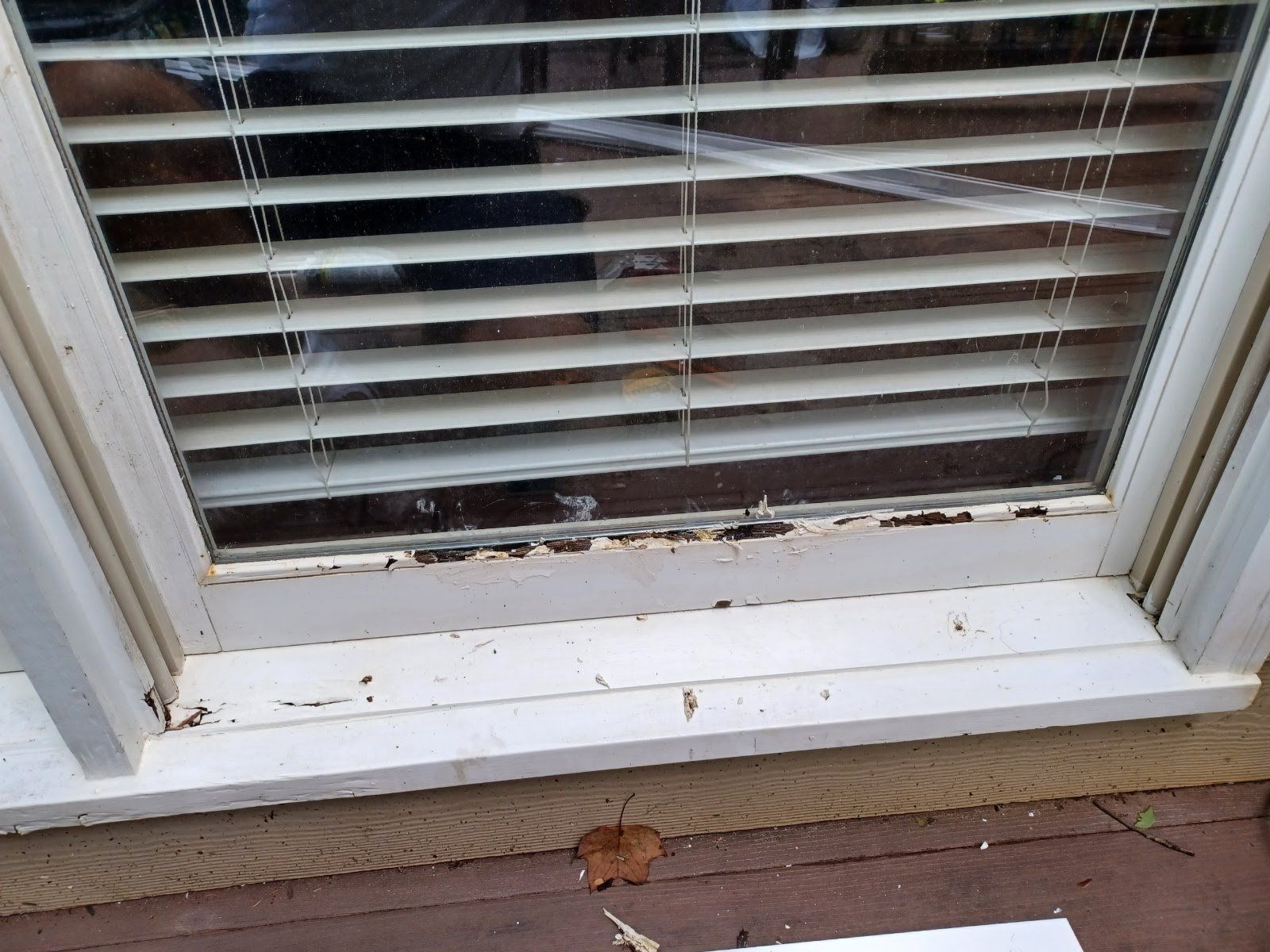 White window with blinds, showing peeling paint and debris on the frame.
