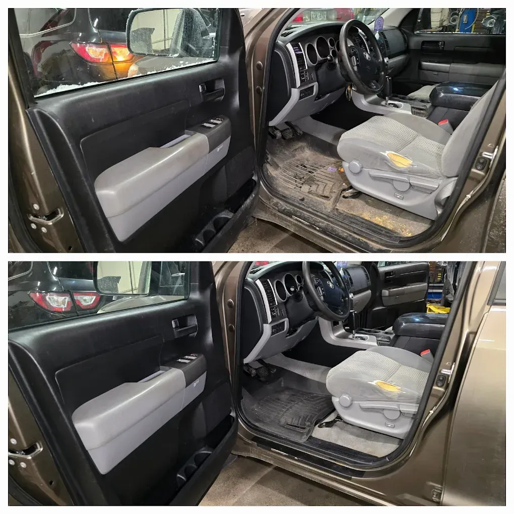 Before-and-after shot of a car interior, showing the footwell before and after professional cleaning.