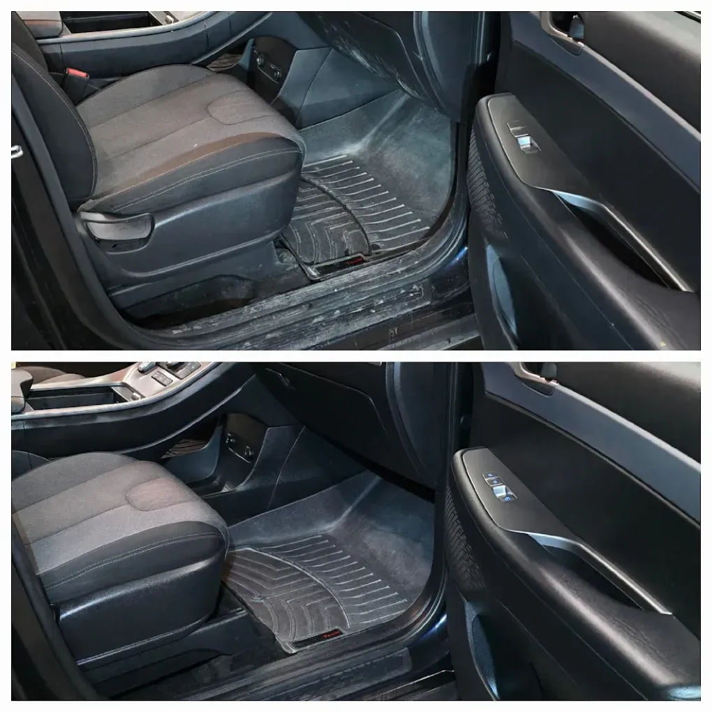 A before-and-after comparison showing a car floorboard cleaned and detailed, with the floor mat restored to a deep black.
