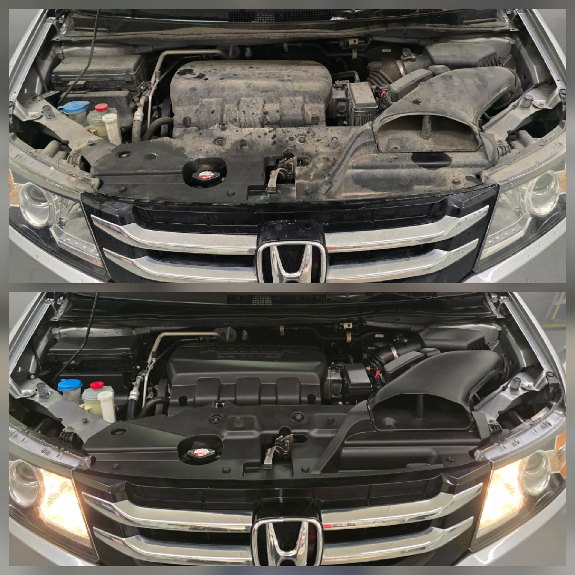 Before-and-after view of a Honda engine bay: dirty open hood above, cleaned bay with headlights on below