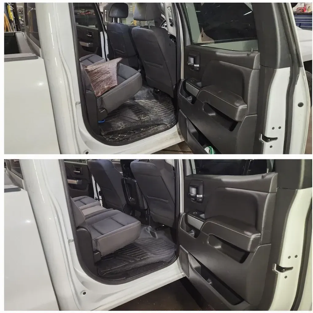 Two-part comparison showing the back seat of a white truck, with the seat folded up and then down.