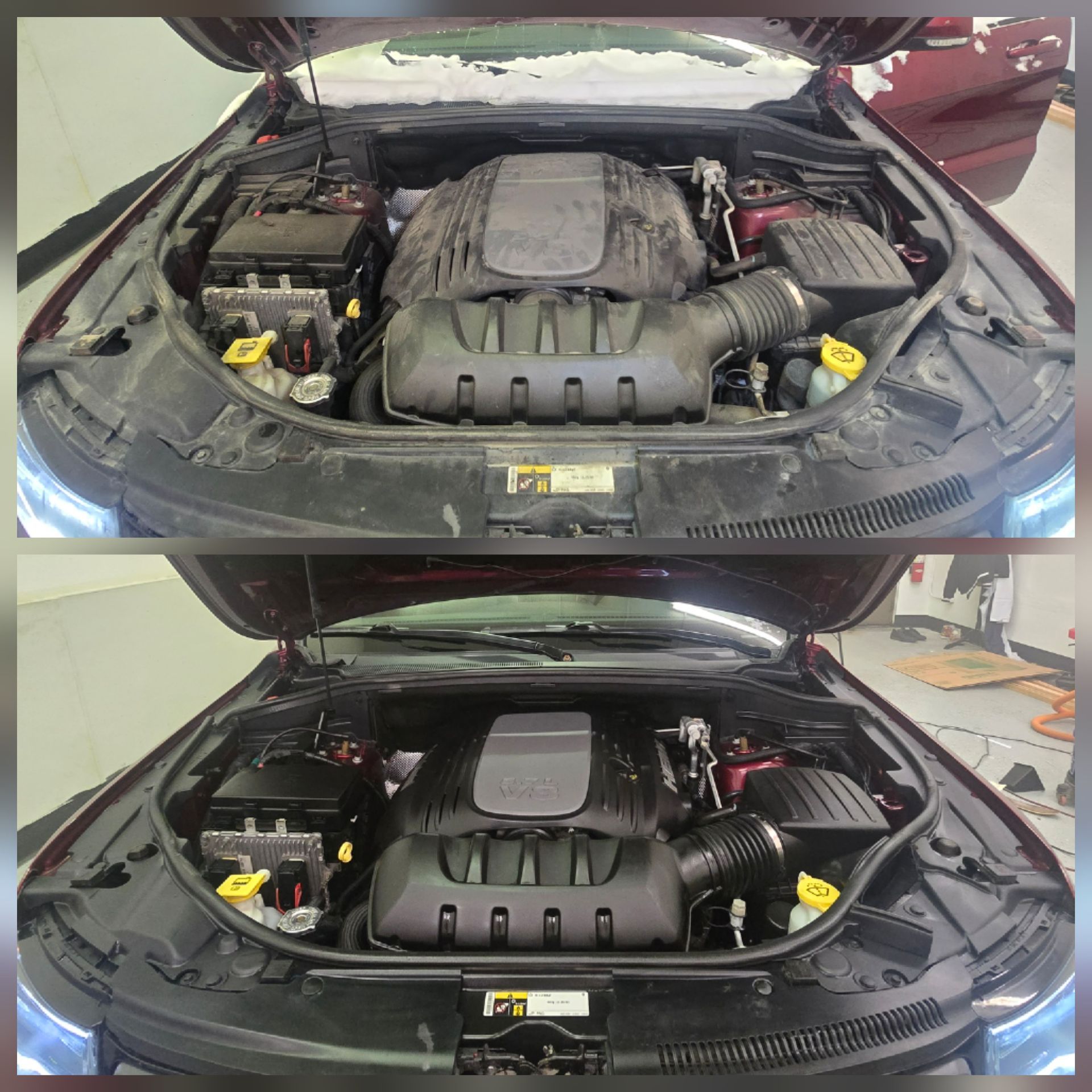 Two car engine bays shown before and after cleaning, with the lower one noticeably cleaner.