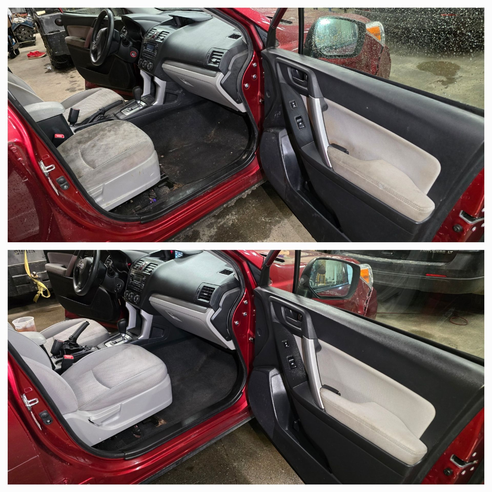 A split image showing a car's interior before and after professional cleaning, featuring brightened seats and carpets.