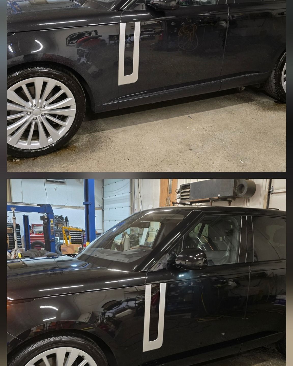 Black sedan in a garage with two vertical white markings on the front door, shown from side views.