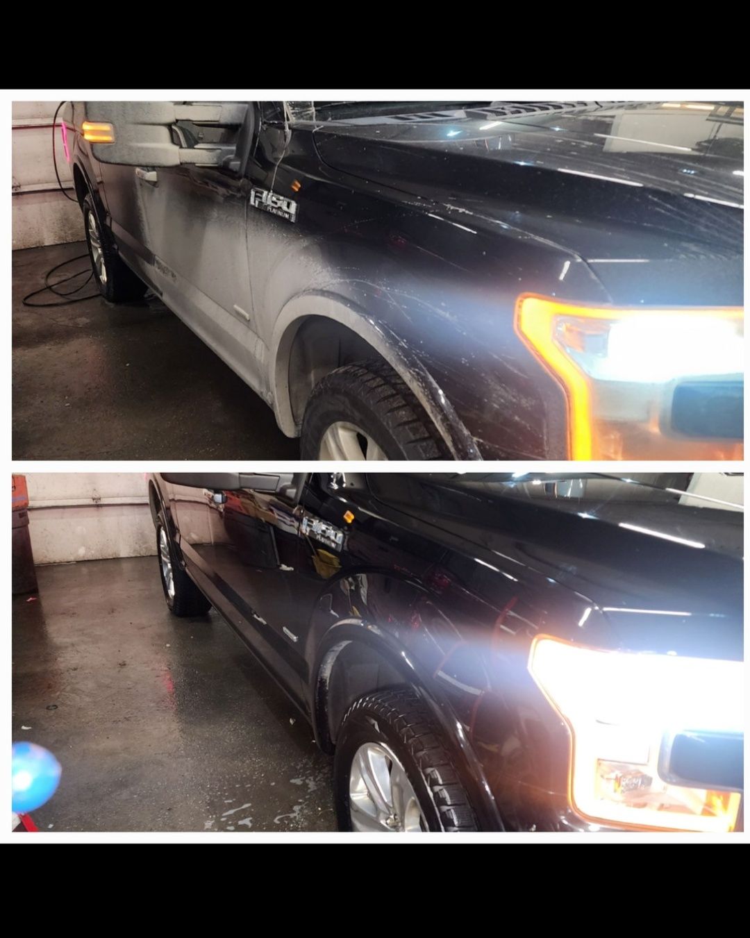 Before and after comparison of a dark-colored pickup truck being cleaned, showing the removal of road dust and grime.