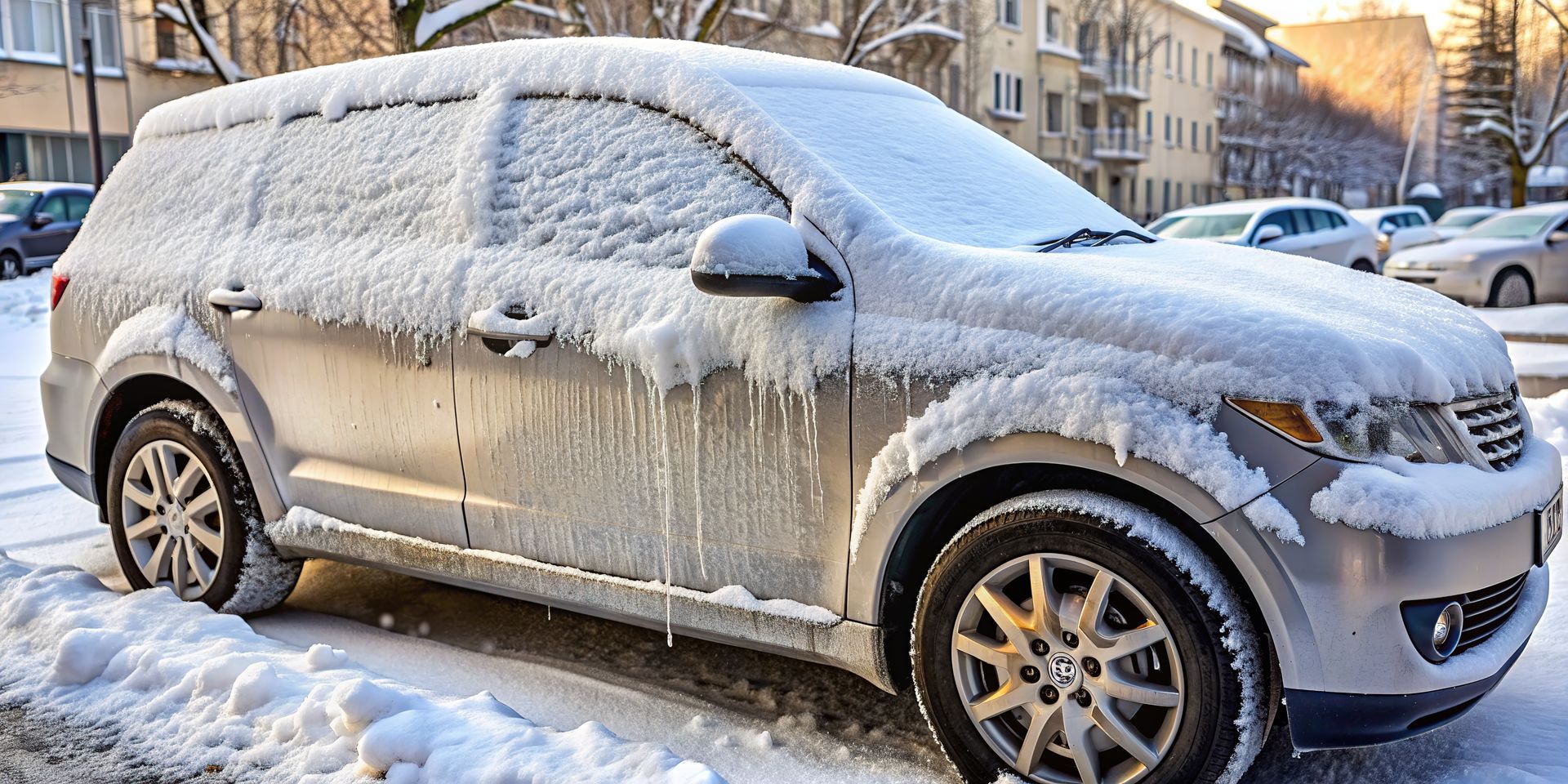 A silver SUV parked on a city street, its body and roof covered in a thick layer of snow and icicles.