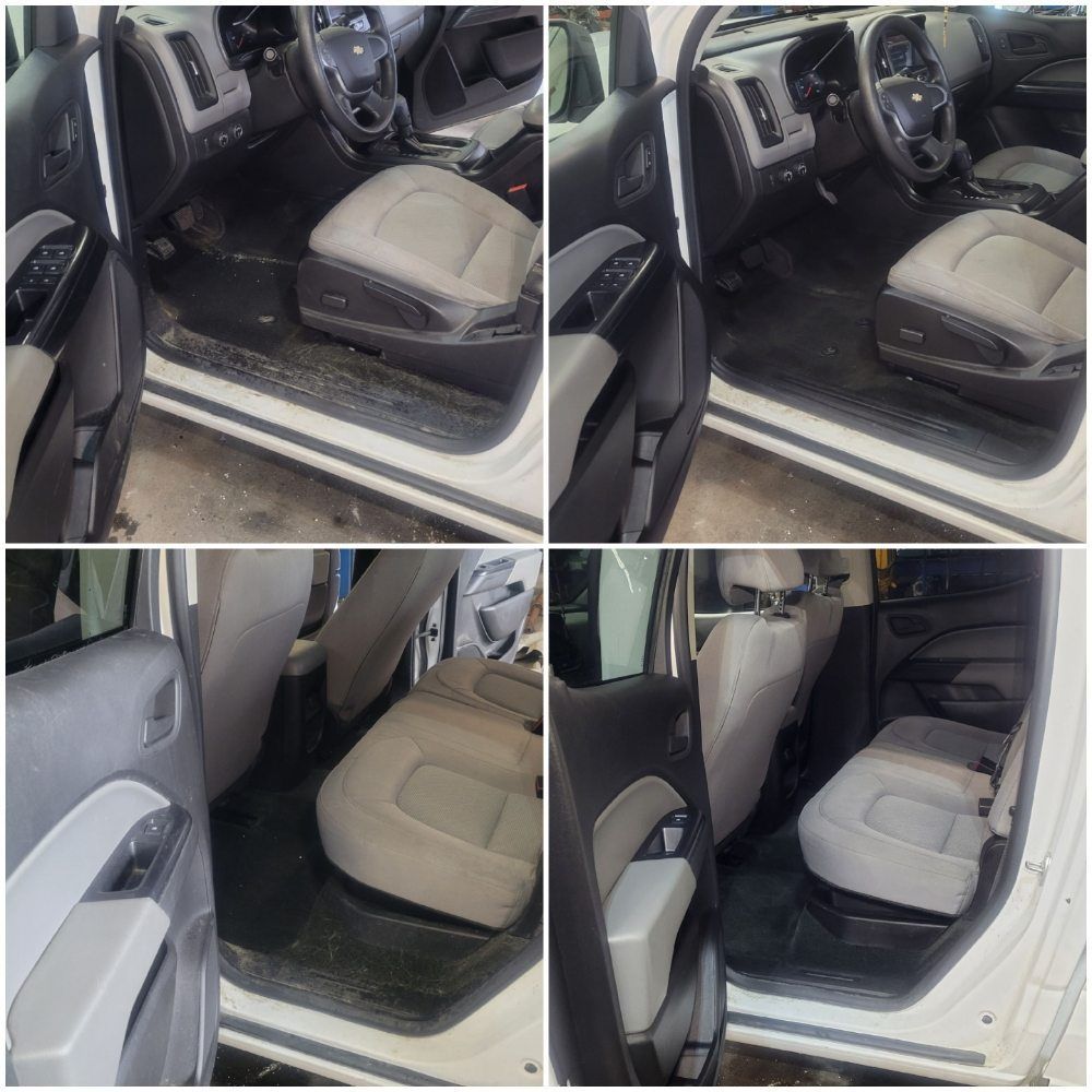 Before-and-after comparison showing the cleaned front and rear interiors of a vehicle with light-colored upholstery.