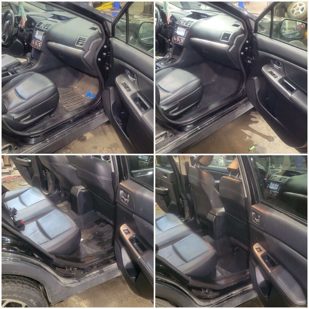Before and after shots of a car interior showing the front and back seats cleaned of dirt and debris.