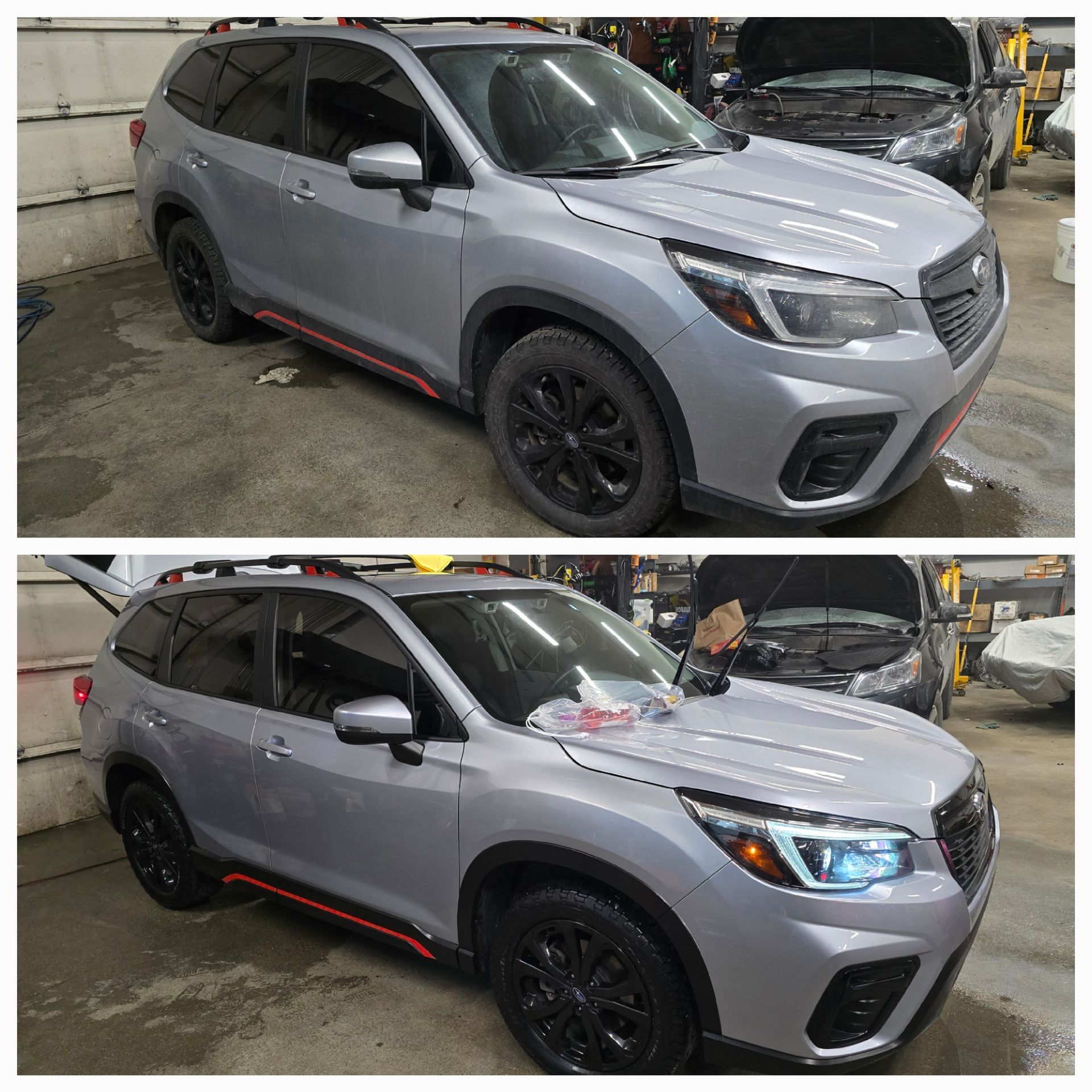 Gray SUV in a garage, shown in two views with black wheels and red trim; headlights on in the lower view