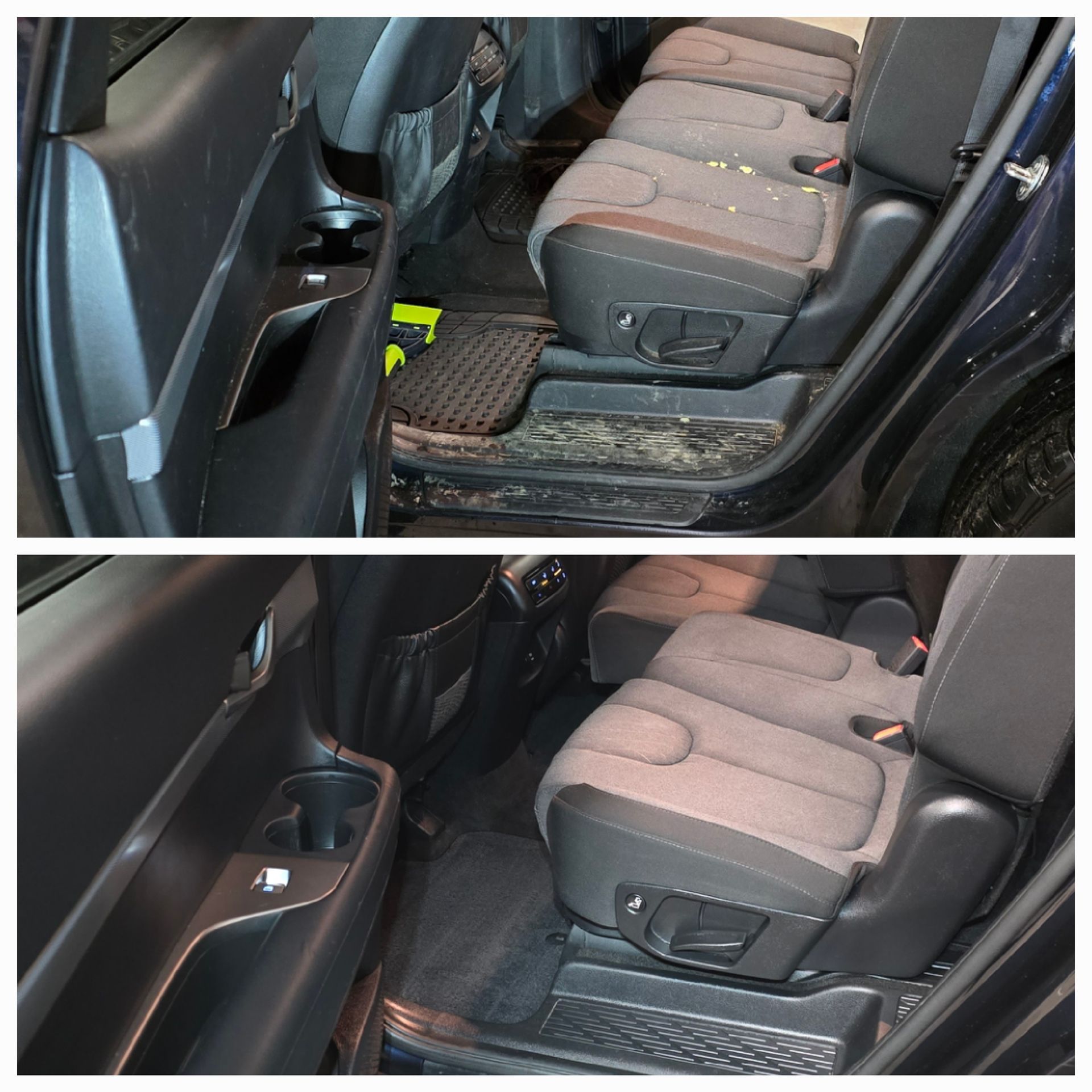 Car rear seat floor before-and-after cleaning: dirty mat and debris above, clean carpet below