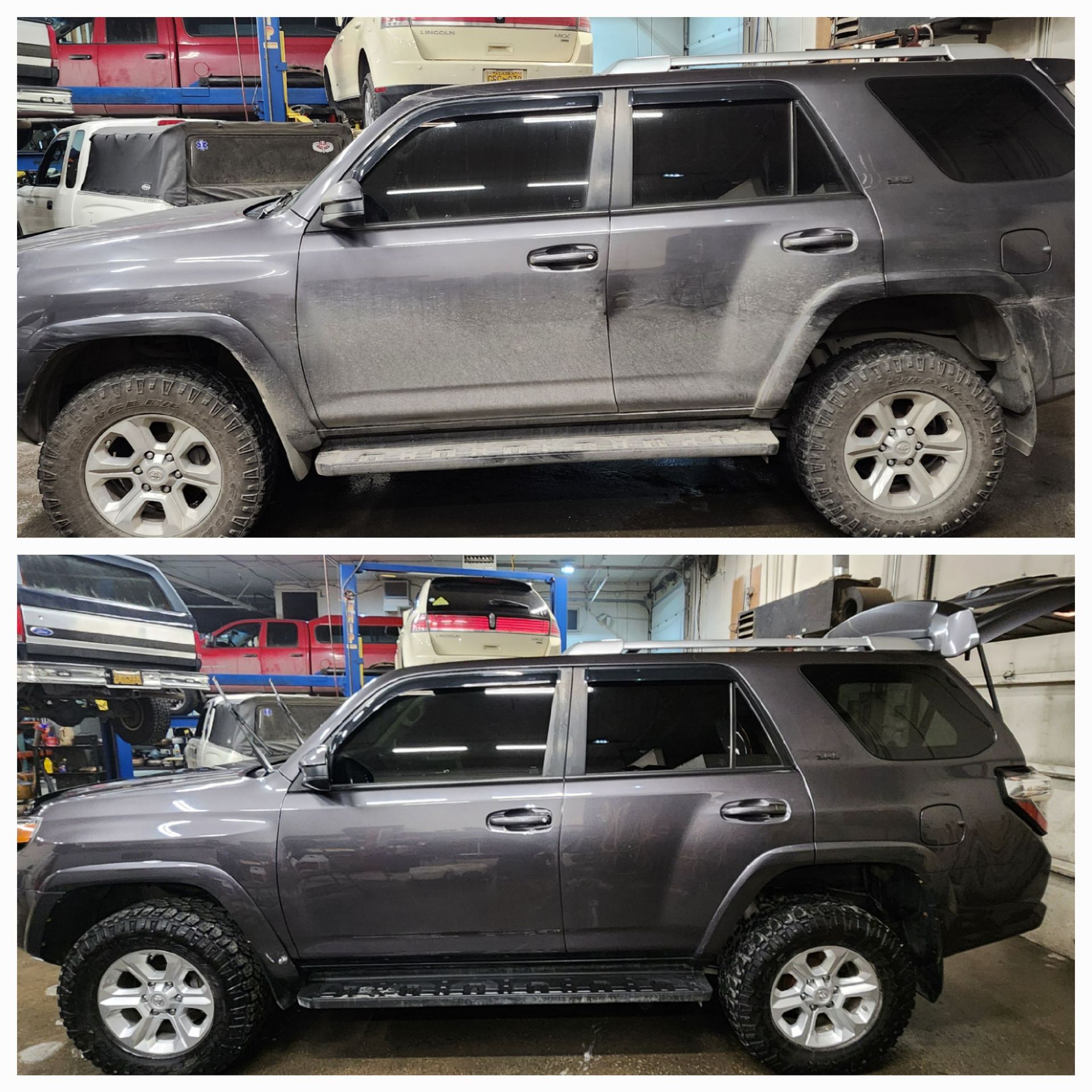 Side-by-side photos of a gray SUV in a workshop, showing a before-and-after appearance.