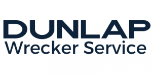 Dunlap Wrecker Service logo, blue text on white background.