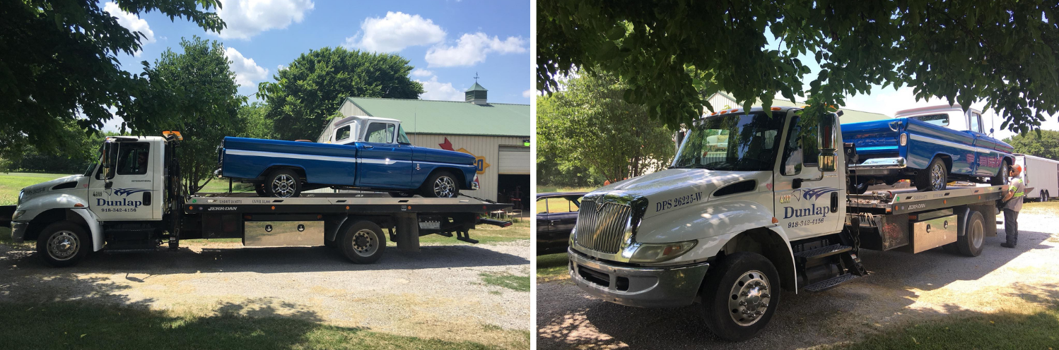 Two tow trucks hauling vintage blue cars on a sunny day. One is a classic pickup truck.