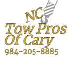 A logo for nc tow pros of cary with a crane and a phone number.