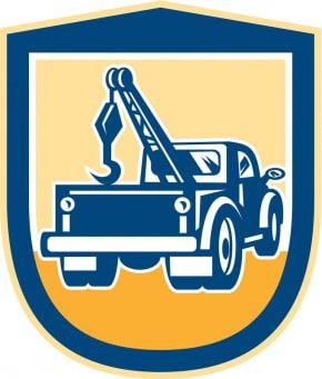 A tow truck with a crane on the back is in a shield.