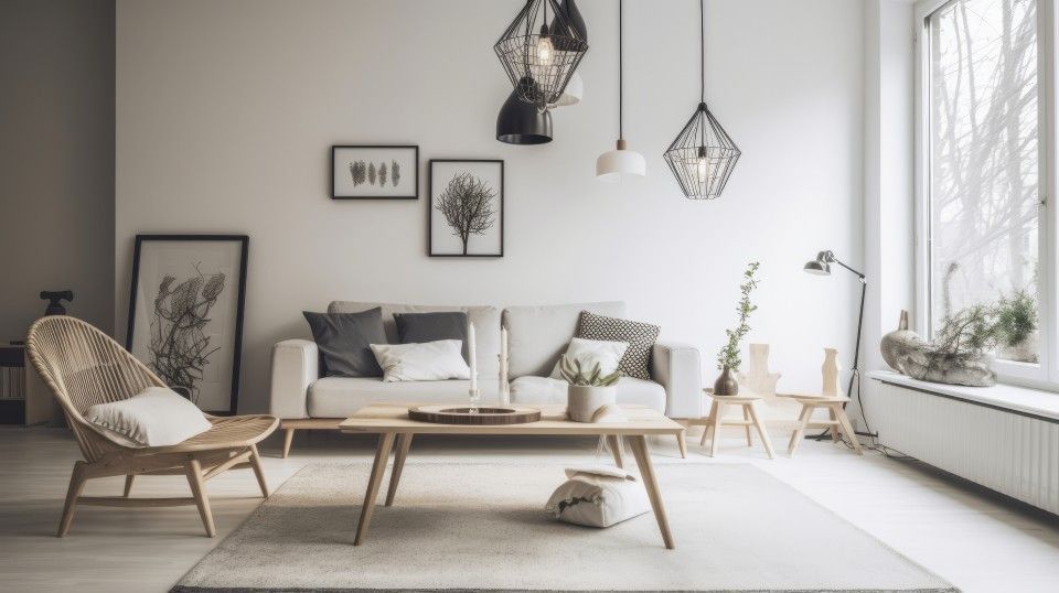 Bright minimalist living room with white sofa, wooden chair, coffee table, wall art, and hanging pendant lights
