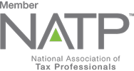Member of National Association of Tax Professionals logo, grey text, green triangle.