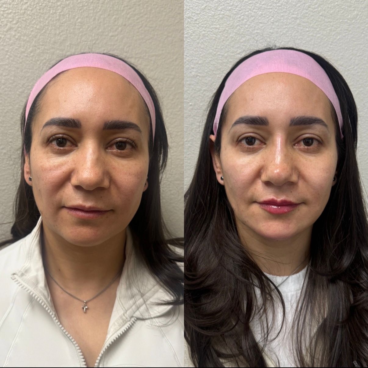 Side-by-side portrait with natural makeup on the left and fuller makeup on the right, both wearing pink headbands.