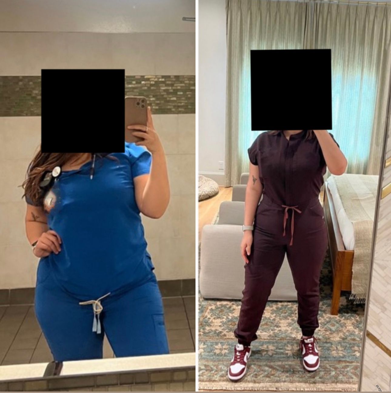 Two photos showing a person in scrubs. The left shows blue scrubs in a bathroom, the right shows burgundy scrubs, in a room with a mirror.