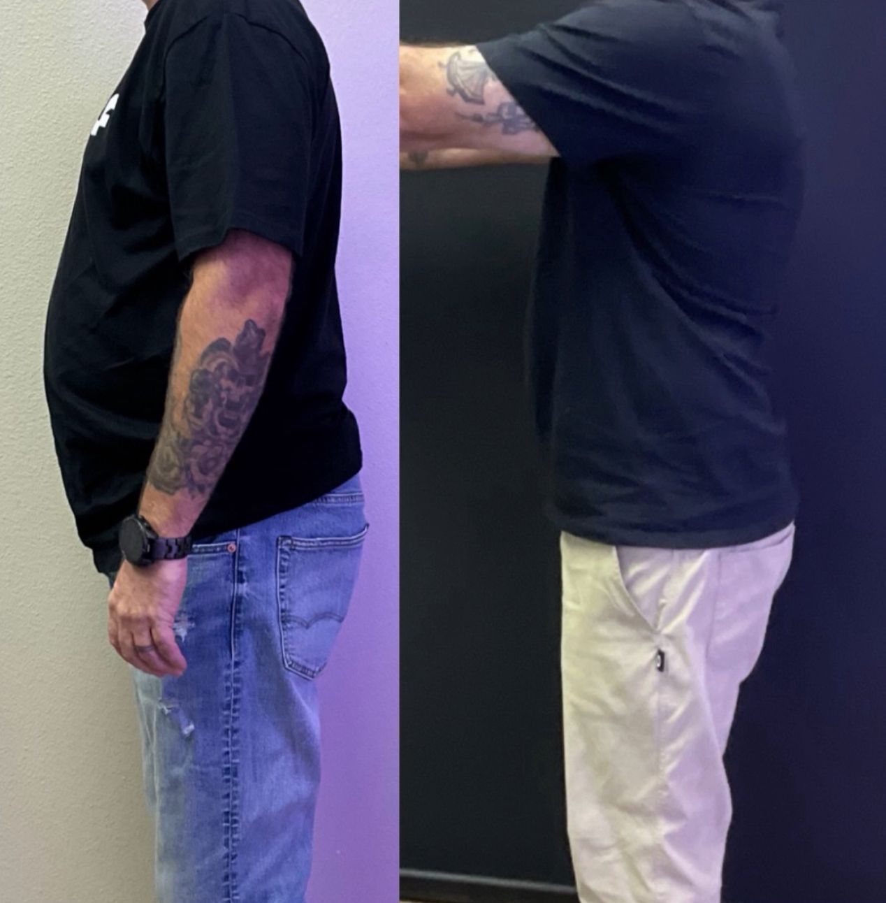 A man with a tattoo on his arm is standing next to another man