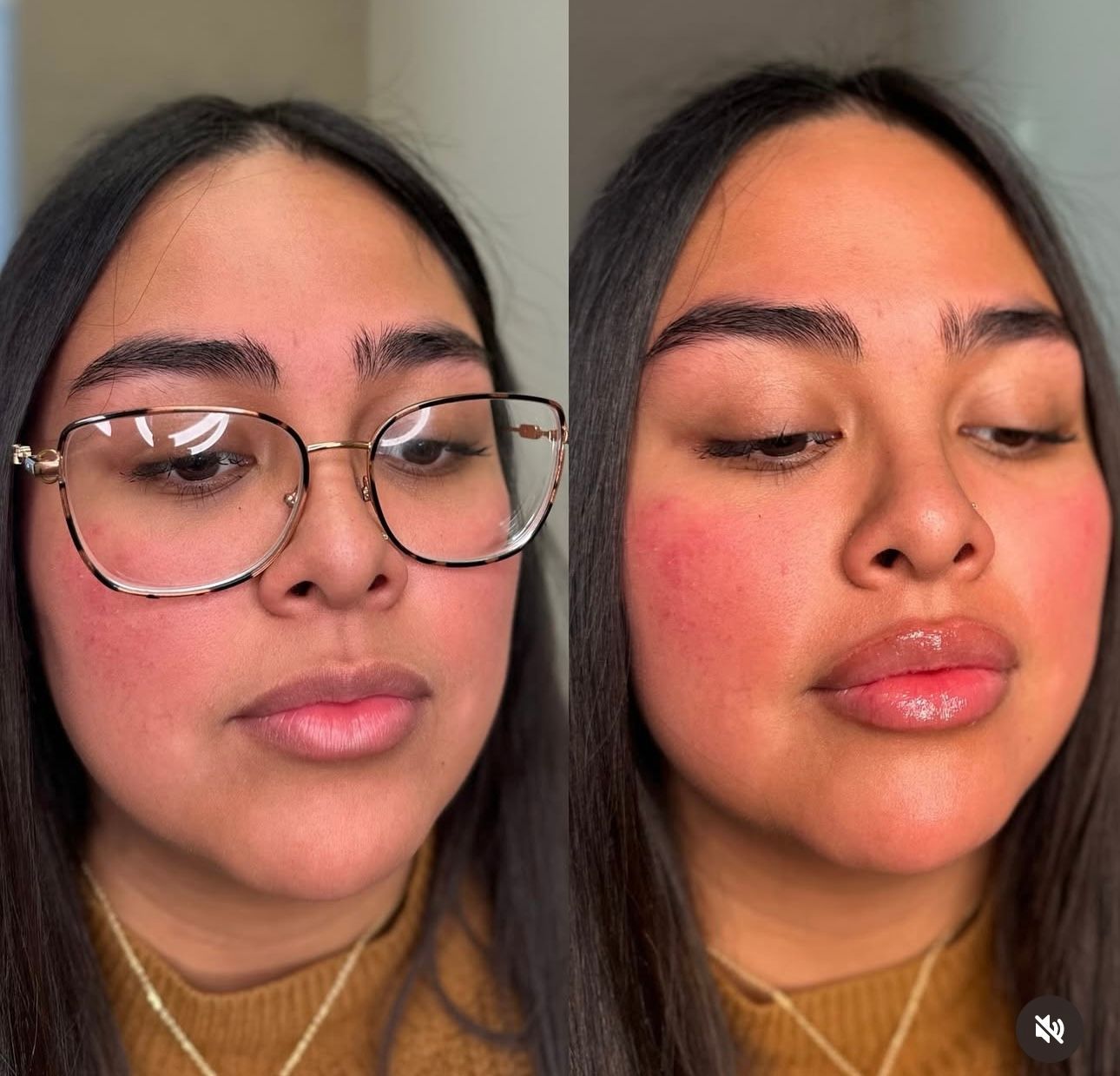 A woman with dark hair and eyebrows, wearing glasses in one image and none in the other; both with rosy cheeks and glossy lips.