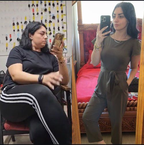 Before and after weight loss photos: woman, dark hair, wearing black outfits, posing in front of a mirror.