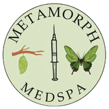 A logo for metamorph medspa with a butterfly and syringe