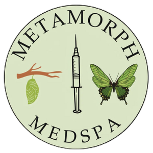 Logo for Metamorph Medspa: a butterfly, chrysalis, and syringe in a circle, with "Metamorph Medspa" around it.