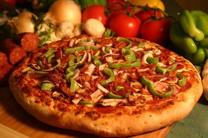 Specialty pizza with a variety of toppings